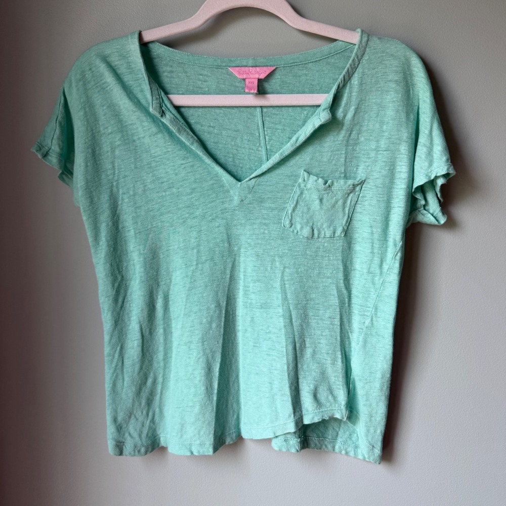 Lilly Pulitzer 100% Linen Mint Green Slub Knit Split Neck Top Asymmetrical XXS